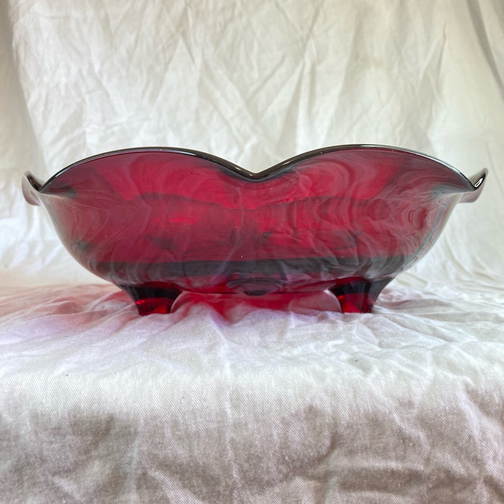 VIKING MOONDROPS #37 New Martinsville Ruby Red Bowl - Footed, Scalloped 1930 Vtg